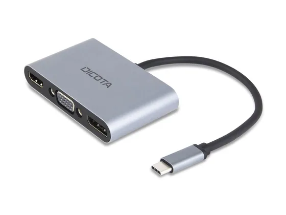 DICOTA USB-C Portable 5-en-1 — HDMI, DisplayPort et VGA — vue de trois-quarts droite