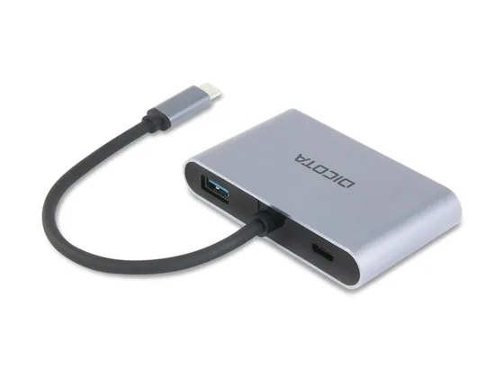DICOTA USB-C Portable 5-en-1 — HDMI, DisplayPort et VGA — vue de trois-quarts gauche