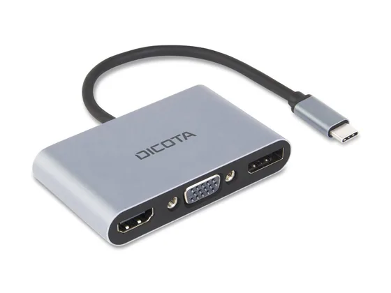 DICOTA USB-C Portable 5-en-1 — HDMI, DisplayPort et VGA — vue de trois-quarts gauche