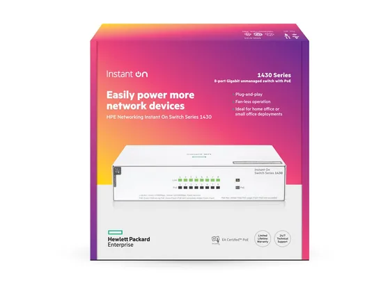 Switch 8 ports PoE+ HPE Instant On 1430, 64 W, sans ventilateur — vue 4
